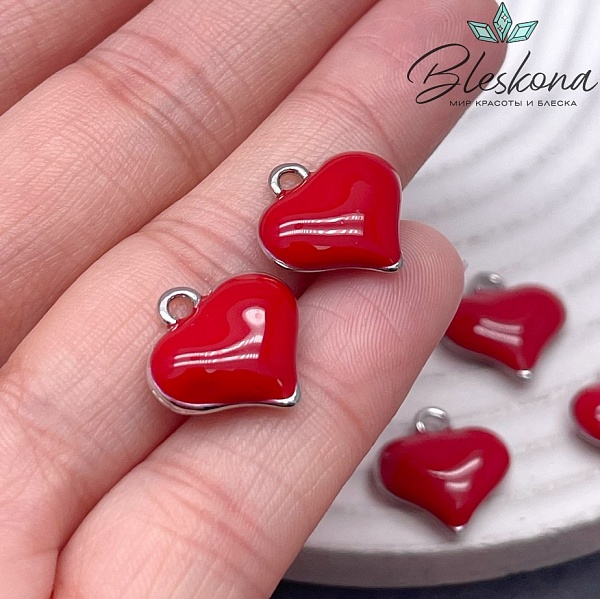 15*15 мм Цвет серебро, Подвеска Сердце красная эмаль