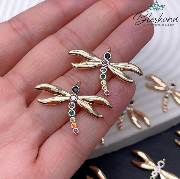 20*31 мм Цвет золото, Подвеска Стрекоза цирконы микс 