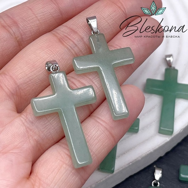 Подвеска крест Авантюрин зеленый, цвет серебро 33*21 мм