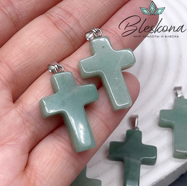 Подвеска крест Авантюрин зеленый, цвет серебро 28*18 мм