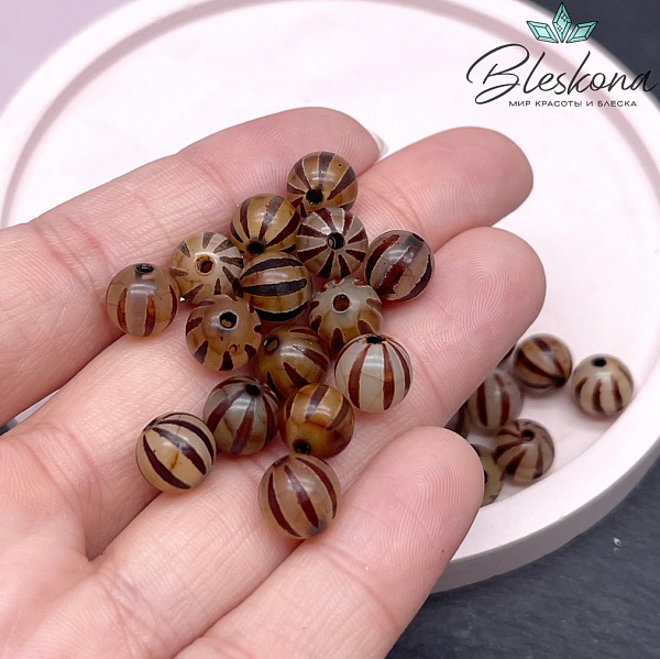 Бусина Дзи полосы серо-коричневый шар 8 мм уп.15 шт.