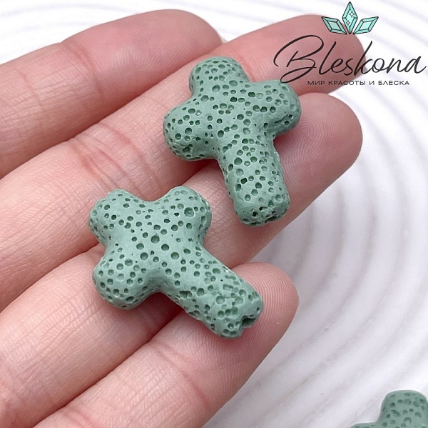Лава Вулканическая Бусина крест зеленый 27*19 мм