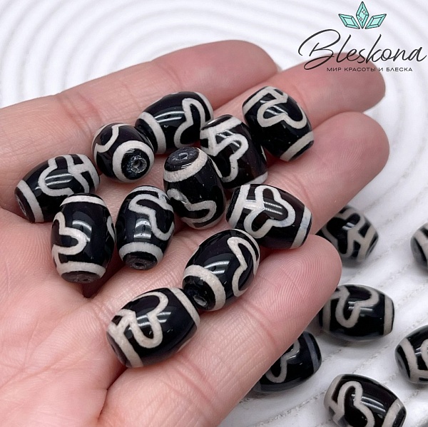 Бусина Дзи Бодха черно-белый бочонок 10*14 мм