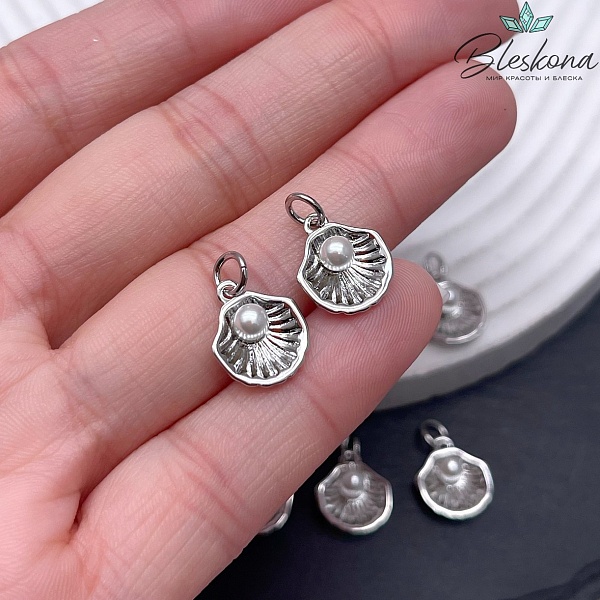 13*11 мм Цвет серебро, Подвеска Ракушка с жемчужиной 