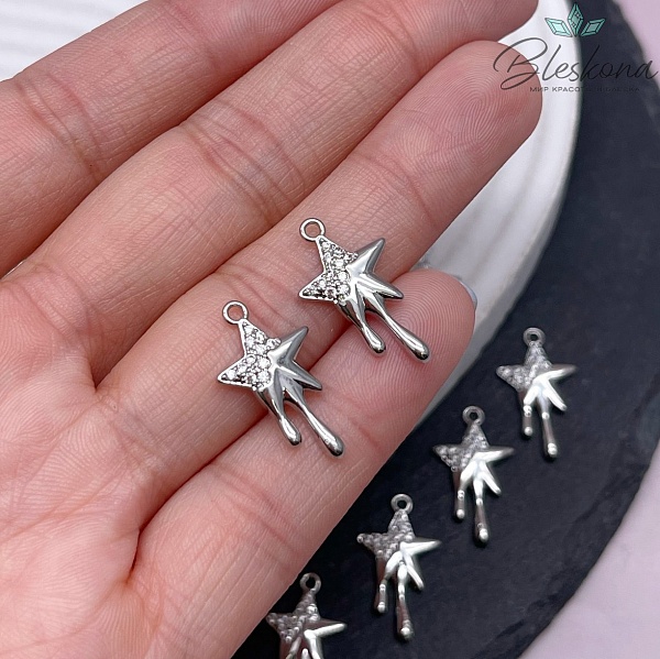 20,7*11,7 мм, Цвет серебро, Подвеска звезда с каплями цирконы 20,7*11,7 мм, Цвет серебро, Подвеска звезда с каплями цирконы