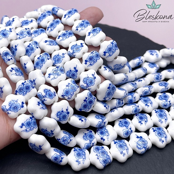 14,5*14 мм Керамика Бусина цветок роспись гжель №3