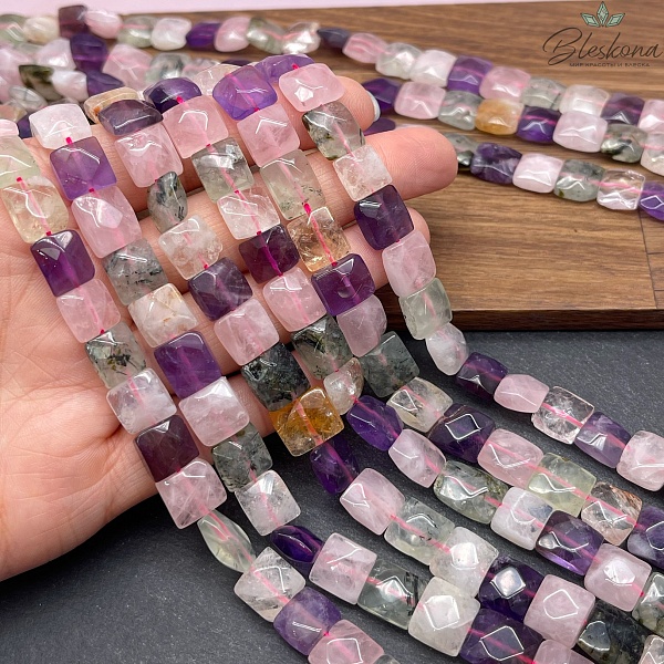 Микс розовый кварц, аметист, цитрин, пренит фриформ огранка 10 мм