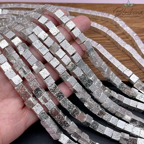 6 мм Гематин имитация, пористый, цвет светлое серебро, куб