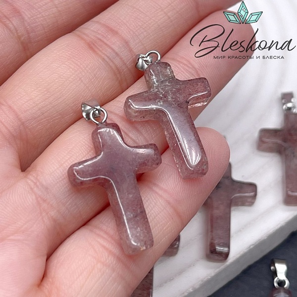 Подвеска крест Кварц клубничный, цвет серебро 28*18 мм