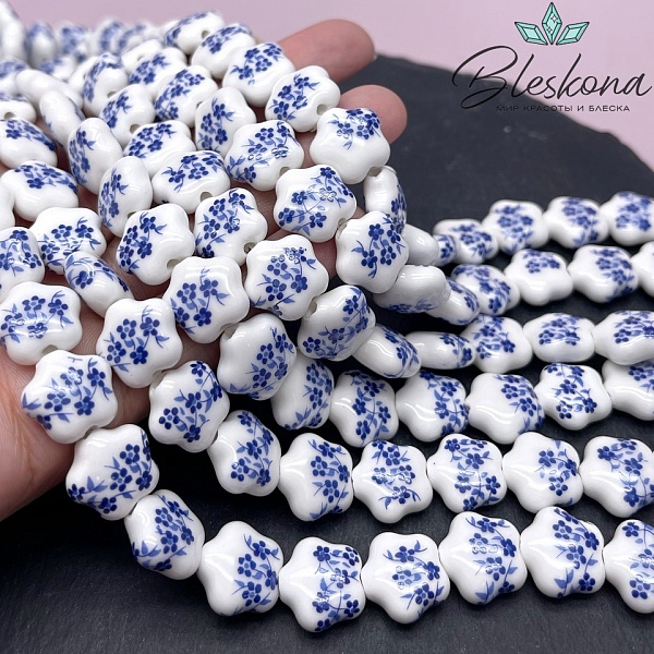 14,5*14 мм Керамика Бусина цветок роспись гжель №2
