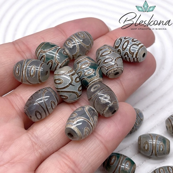 Бусина Дзи 7 глаз зелено-коричневый бочонок 10*14 мм