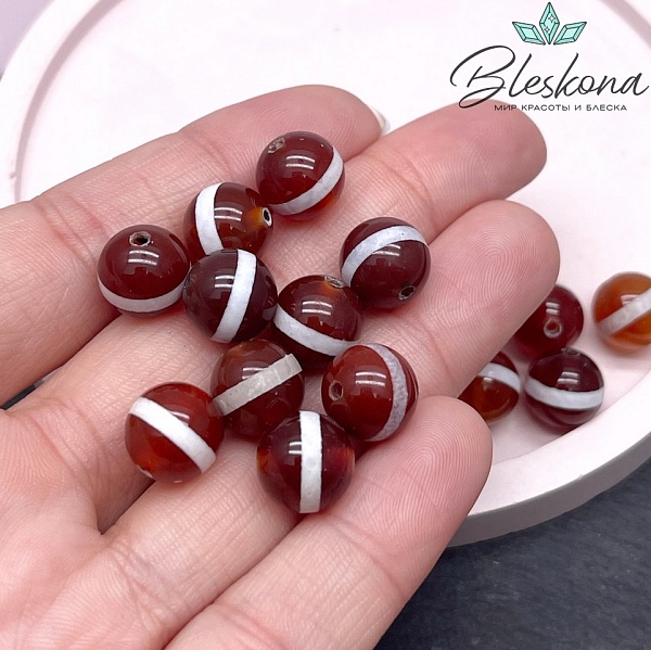 Бусина Дзи Медицина бело-коричневый шар 10 мм уп.10 шт