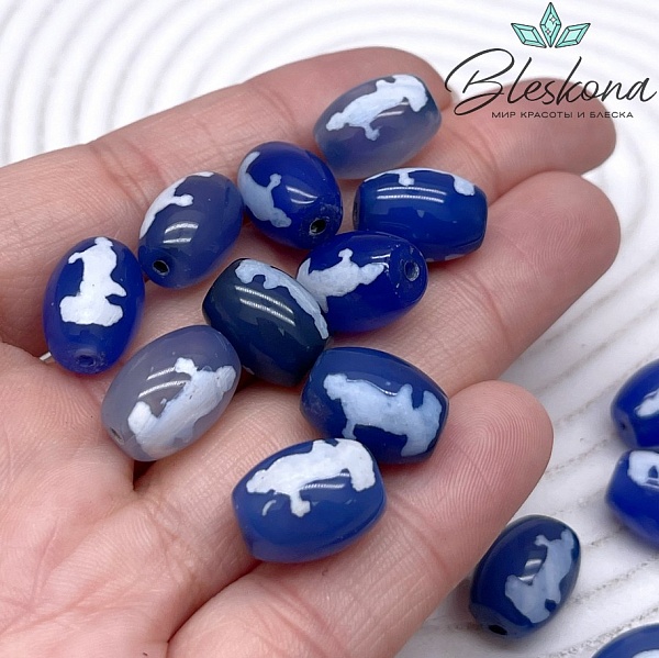 Бусина Дзи Гуань Инь бело-синий бочонок 10*14 мм