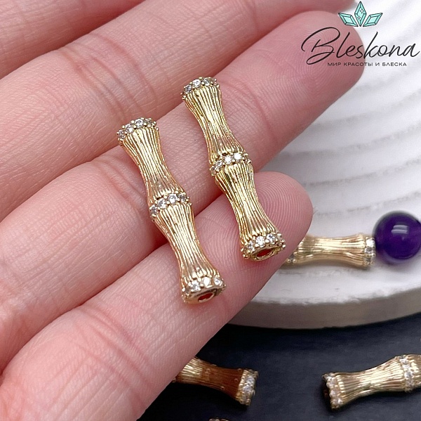 25*5 мм Цвет золото, Бусина трубочка бамбук резной с цирконами