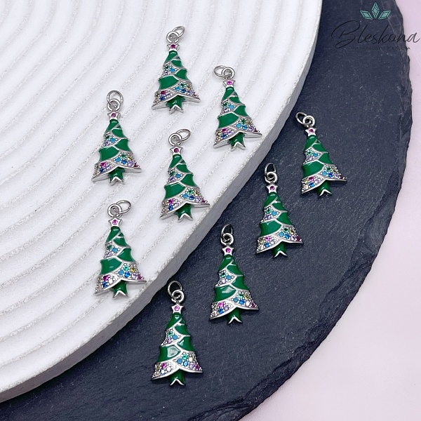 20*10 мм, Цвет серебро, Подвеска Елка цирконы зеленая эмаль 20*10 мм, Цвет серебро, Подвеска Елка цирконы зеленая эмаль